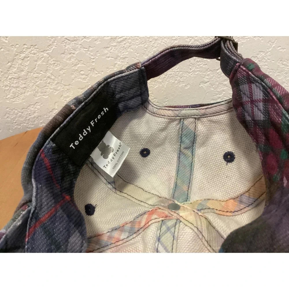 Teddy Fresh Plaid Hat Cap Bear Blue Maroon Multicolored Adjustable Cotton